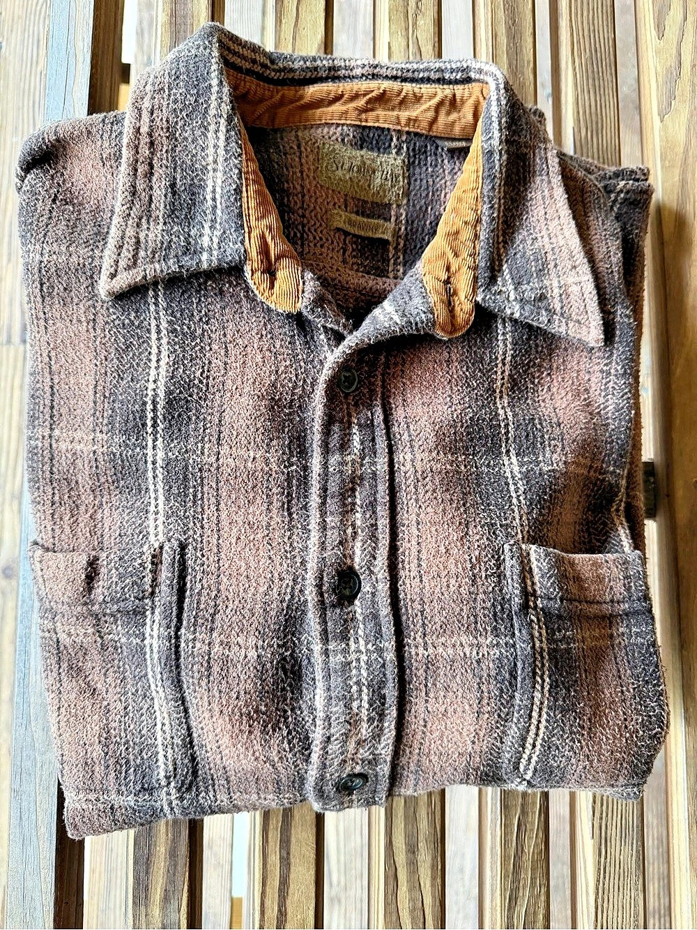 VTG St. John's Bay Brawny Brown & Gray Plaid Heavyweight Flannel Shirt XL Cordur